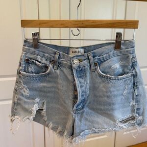 Agolde Distressed Denim Shorts - Light Blue